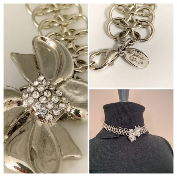Unique Chocker Style Silver Tone Necklace Silver Bow and Crystals Cookie Lee - Picture 1 of 6